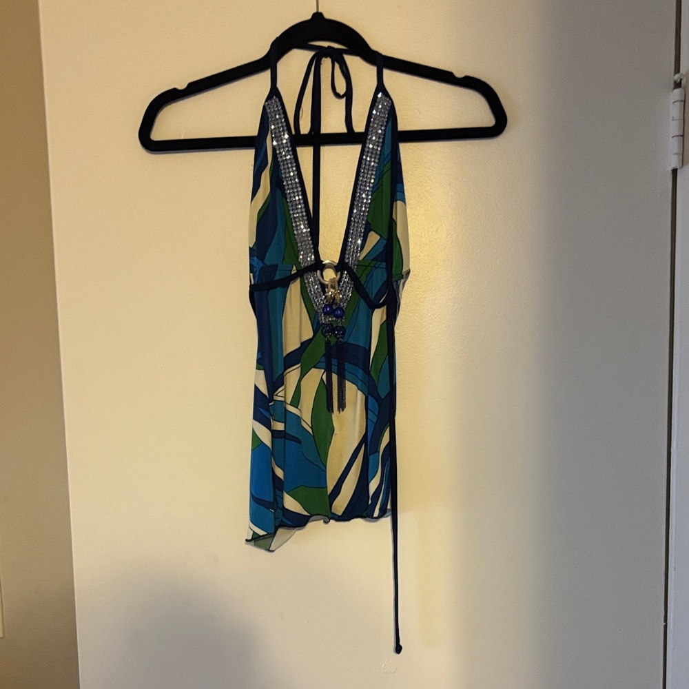 Stylish Blue and Green Halter Top Blue Crystals